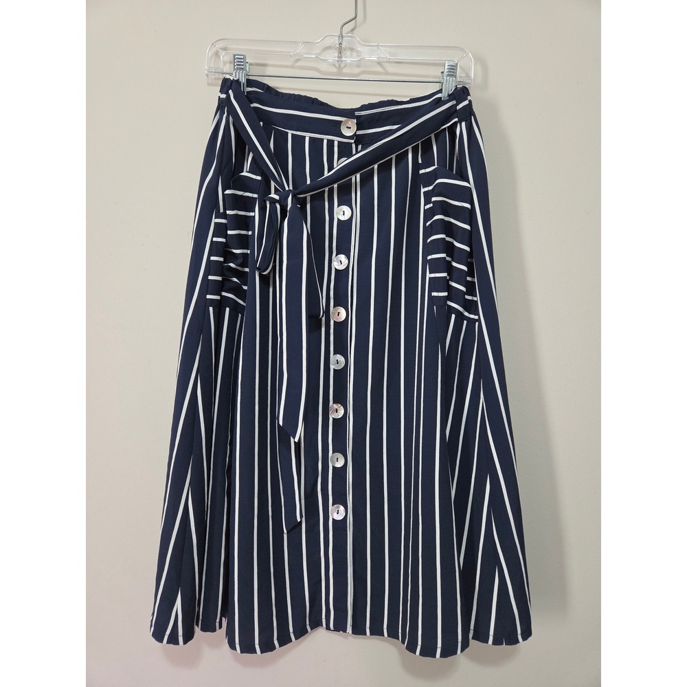 Entro Navy Blue White Striped Button Front Midi Skirt with Pockets S11537 Large